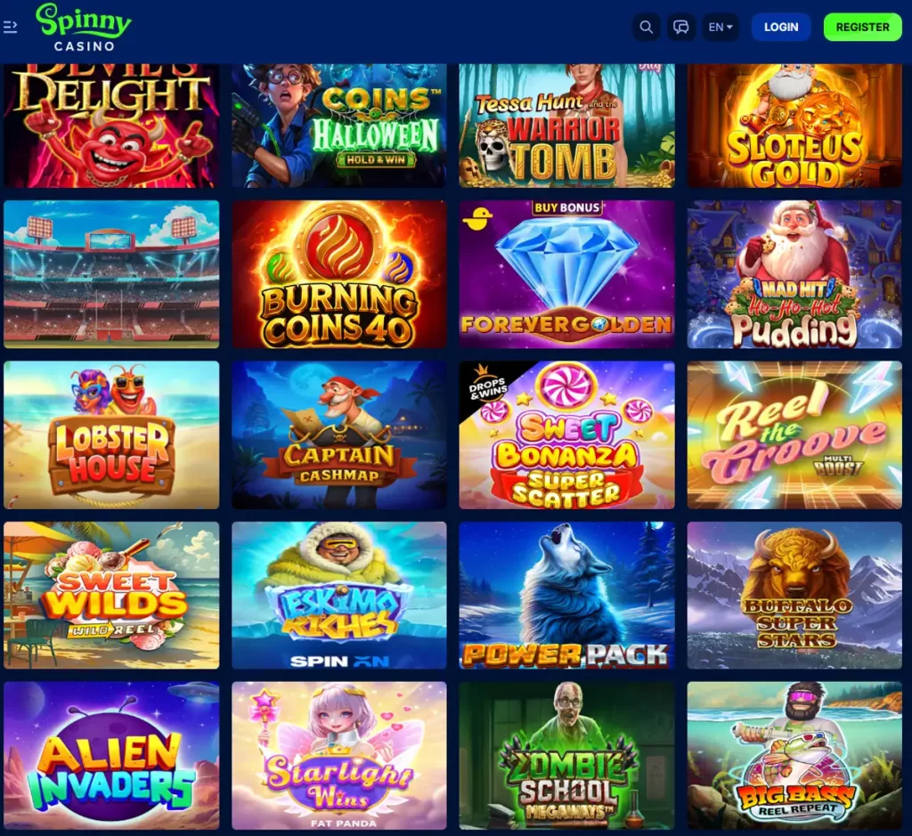 SpinnyCasino desktop new games screenshot showing recently added titles and latest releases - tested
