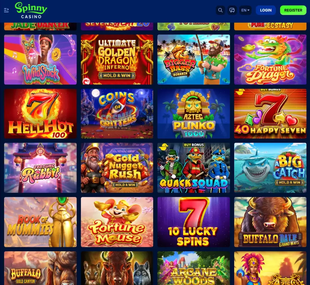 SpinnyCasino desktop slots variety screenshot showing multiple slot categories, featured games and provider filters - tested