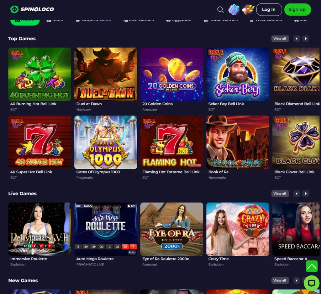 Spinoloco Casino desktop homepage screenshot showing main navigation, featured games and promotional banners - tested