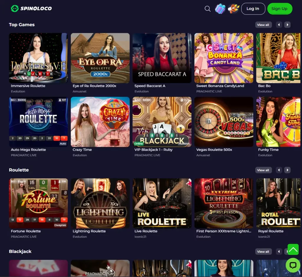Spinoloco Casino desktop live dealer games collection screenshot showing roulette, blackjack and baccarat tables in lobby view with categories and provider filters - tested