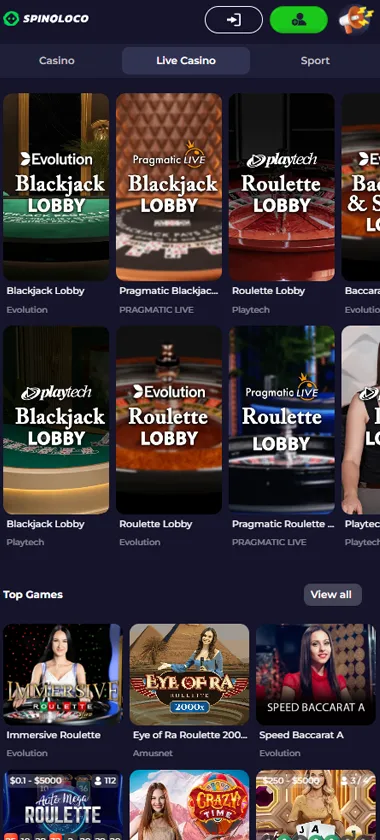 Spinoloco Casino mobile live dealer games collection screenshot displaying available live tables and categories with mobile-friendly interface/navigation - tested