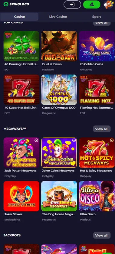 Spinoloco Casino mobile slots variety screenshot displaying featured slots, categories and touch-optimized navigation - tested