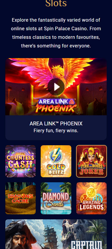 Spin Palace Casino mobile slots variety screenshot displaying featured slots, categories and touch-optimized navigation - tested