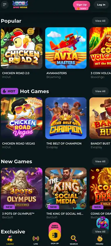 Spins House Casino mobile homepage screenshot displaying main navigation, featured games and mobile-friendly interface/navigation - tested