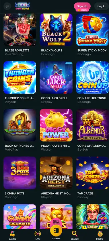 Spins House Casino mobile hot games screenshot displaying hot and featured games, categories and touch-optimized navigation - tested