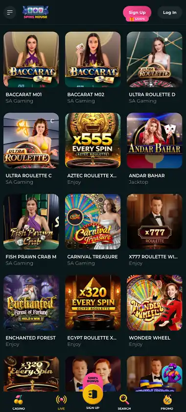 Spins House Casino mobile live dealer games collection screenshot displaying available live tables and categories with mobile-friendly interface/navigation - tested