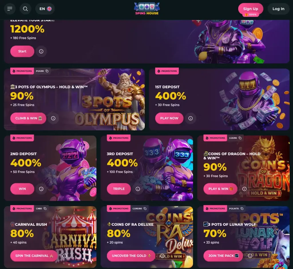 Spins House Casino desktop promotions screenshot showing promotional banners, bonus offers and claim instructions with categories and filter options - tested