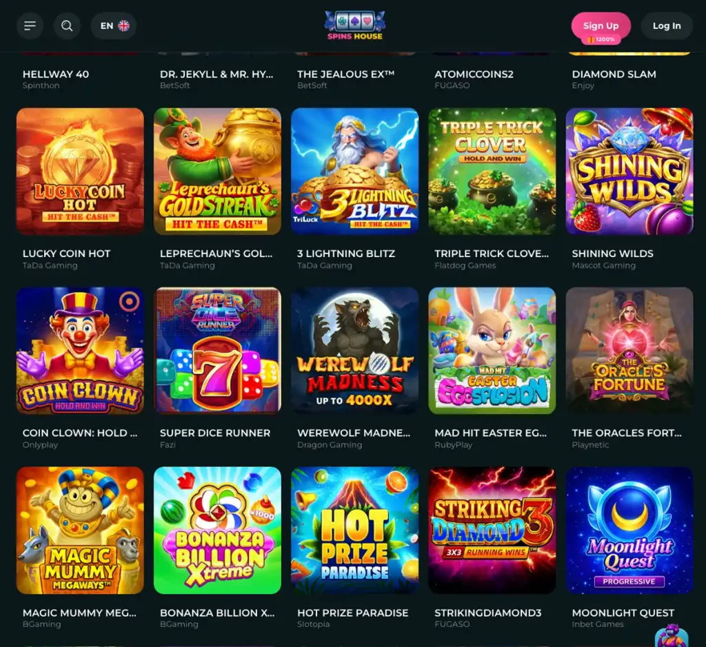 Spins House Casino desktop slots screenshot showing multiple slot categories, featured games and provider filters – tested