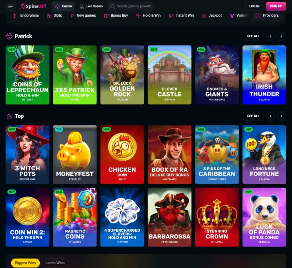 SpinsUP Casino desktop homepage screenshot showing main navigation, featured games and promotional banners - tested