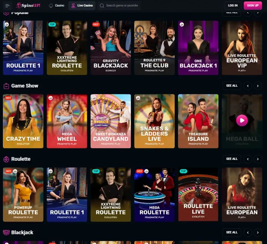 SpinsUP Casino desktop live dealer games collection screenshot showing roulette, blackjack and baccarat tables in lobby view with categories and provider filters - tested