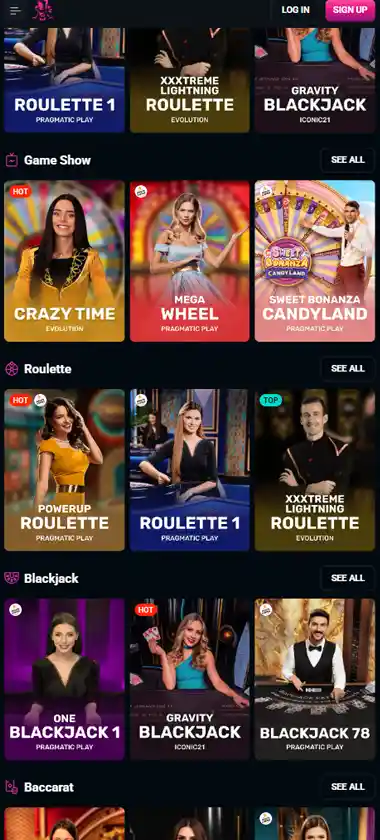 SpinsUP Casino mobile live dealer games collection screenshot displaying available live tables and categories with mobile-friendly interface/navigation - tested