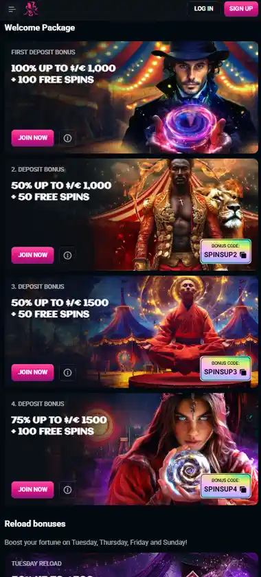 SpinsUP Casino mobile promotions screenshot displaying promotional banners, bonus offers and mobile-friendly interface/navigation - tested