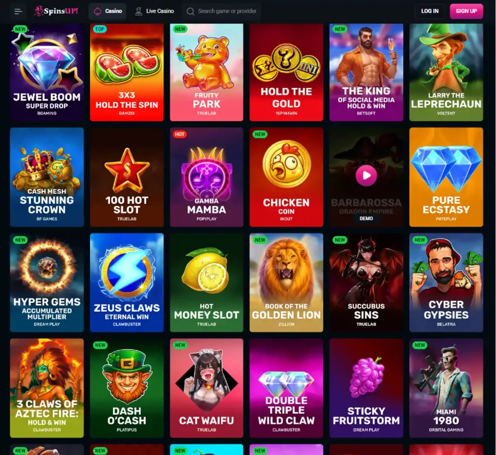 SpinsUP Casino desktop slots variety screenshot showing multiple slot categories, featured games and provider filters - tested