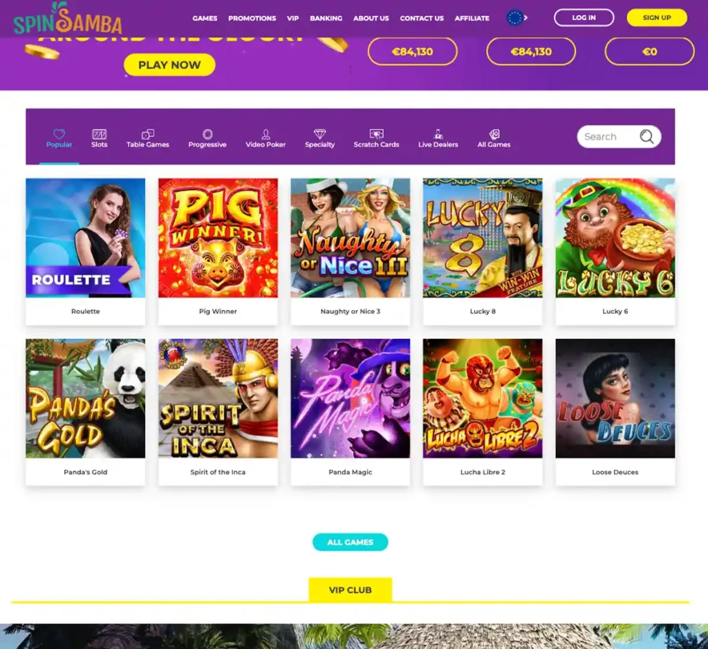 Spinsamba Casino desktop homepage screenshot displaying main navigation, featured games and promotional banners - tested