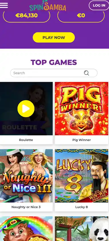 Spinsamba Casino mobile homepage screenshot displaying main navigation, featured games and promotional banners - tested Spinsamba Casino mobile homepage screenshot displaying main navigation, featured games and promotional banners - tested