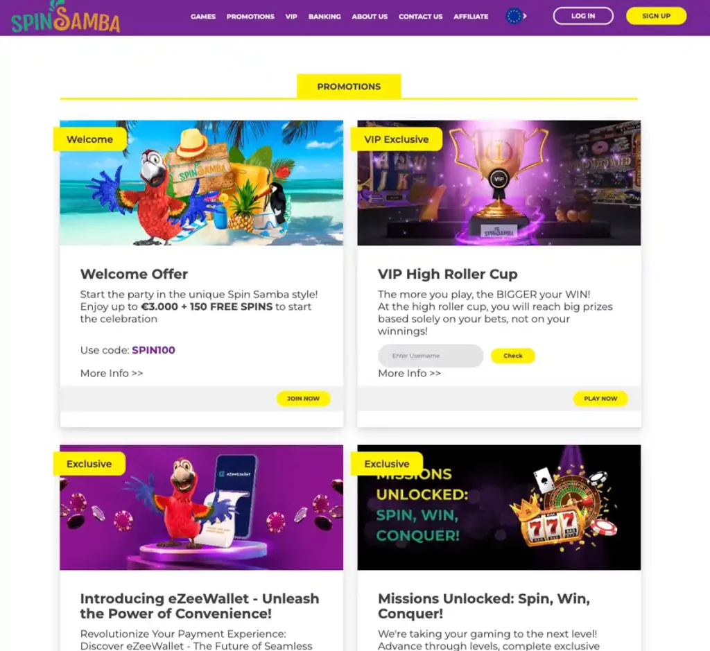 Spinsamba Casino desktop promotions page screenshot displaying bonus offers, promotional banners and terms - tested