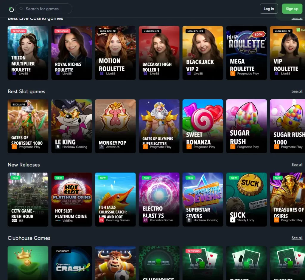 Sportsbet.io Casino desktop featured games screenshot showing highlighted titles and promotional content - tested