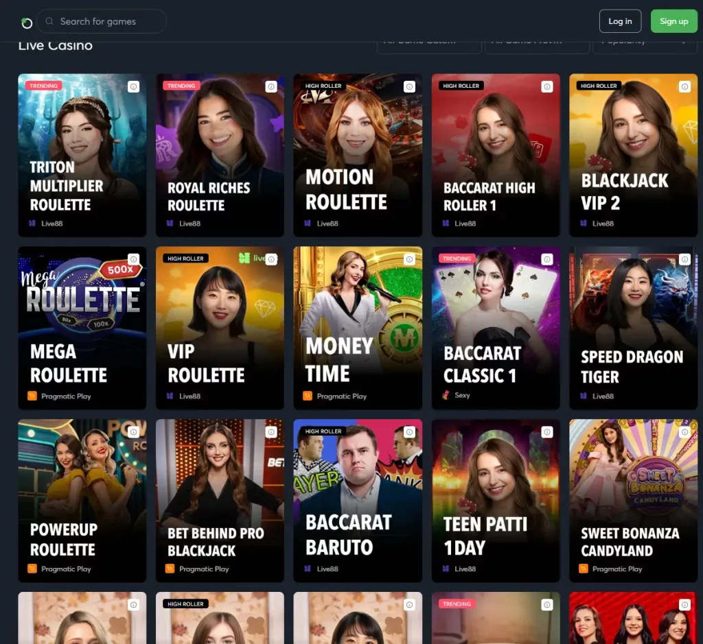 Sportsbet.io Casino desktop live dealer games collection screenshot showing roulette, blackjack and baccarat tables in lobby view - tested
