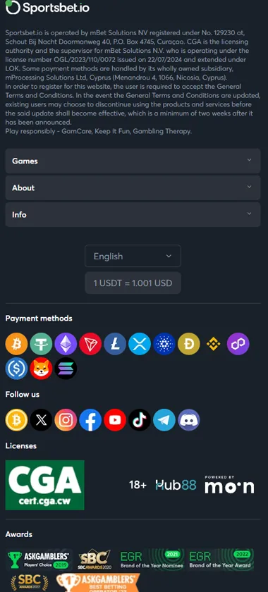 Sportsbet.io Casino mobile payment methods screenshot showing available deposit and withdrawal options with mobile-friendly interface - tested