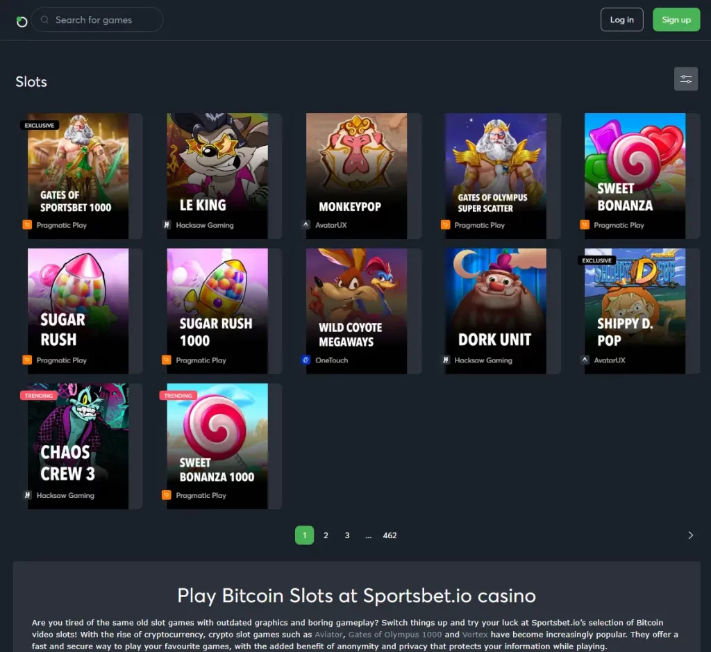 Sportsbet.io Casino desktop slots variety screenshot showing multiple slot categories, featured games and provider filters - tested
