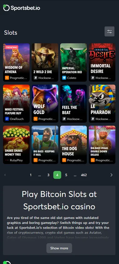 Sportsbet.io Casino mobile slots variety screenshot displaying featured slots, categories and touch-optimized navigation - tested