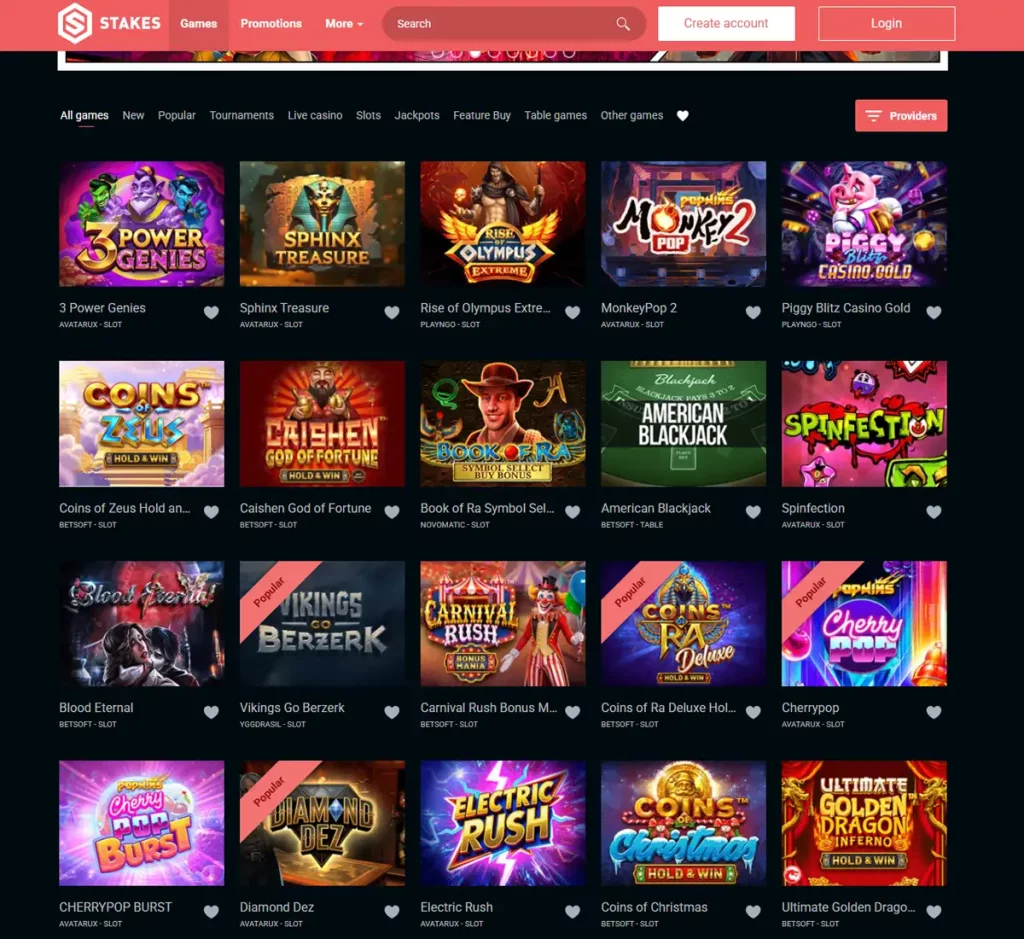 Stakes Casino desktop home page screenshot showing main navigation, featured games and promotional banners - tested