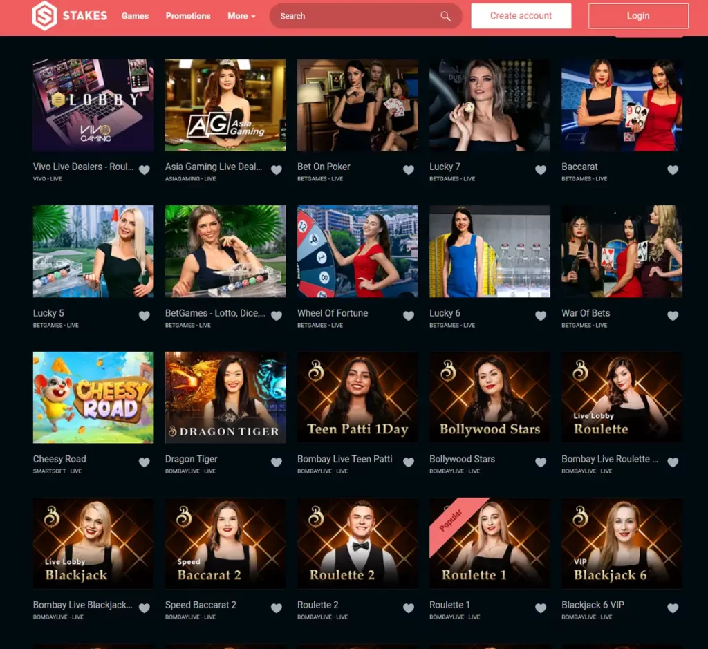 Stakes Casino desktop live dealer games collection screenshot showing roulette, blackjack and baccarat tables in lobby view - tested