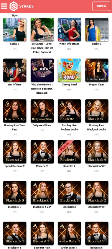 Stakes Casino mobile live dealer games collection screenshot displaying available live tables and categories - tested