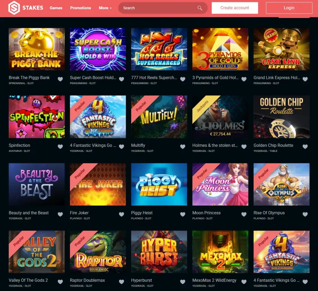 Stakes Casino desktop slots variety screenshot showing multiple slot categories, featured games and provider filters - tested
