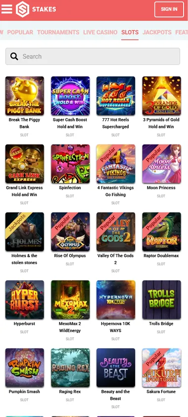Stakes Casino mobile slots variety screenshot displaying featured slots, categories and touch-optimized navigation - tested