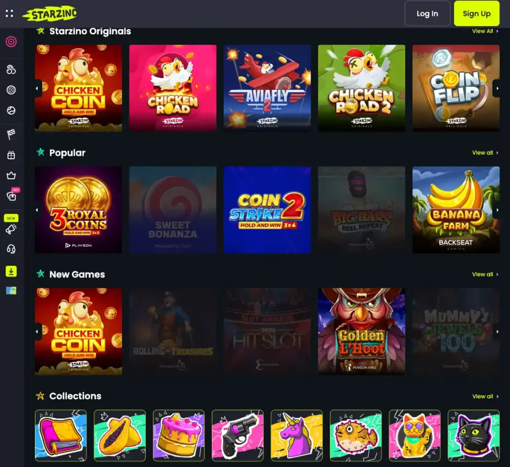 Starzino Casino desktop home page screenshot showing main navigation, featured games and promotional banners - tested