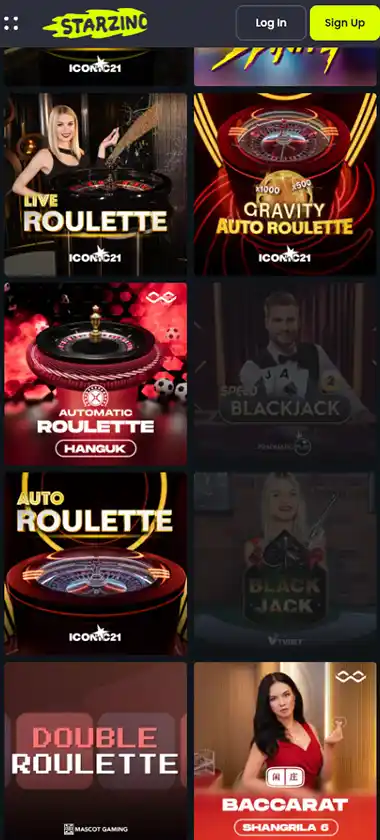 Starzino Casino mobile live casino games collection screenshot displaying available live tables and categories - tested