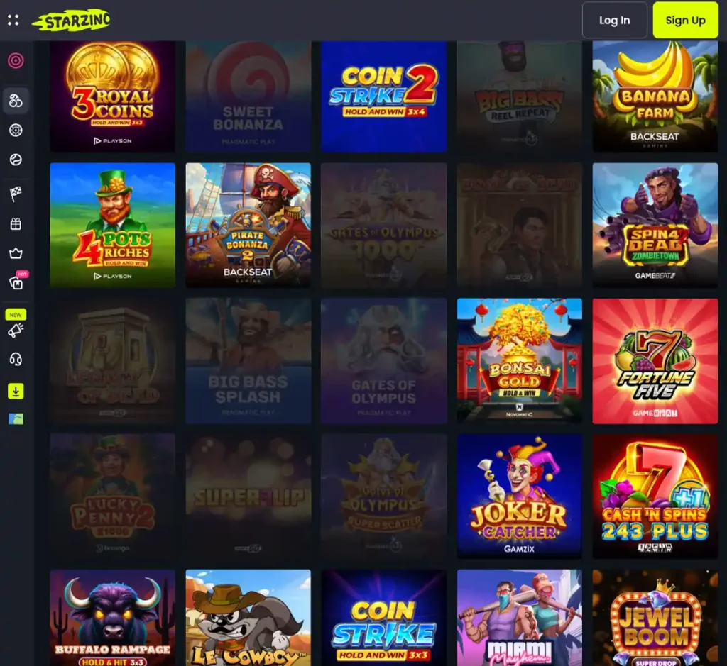 Starzino Casino desktop slots variety screenshot displaying featured slots, game categories and filtering options - tested