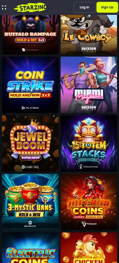 Starzino Casino mobile slots variety screenshot displaying featured slots, categories and touch-optimized navigation - tested