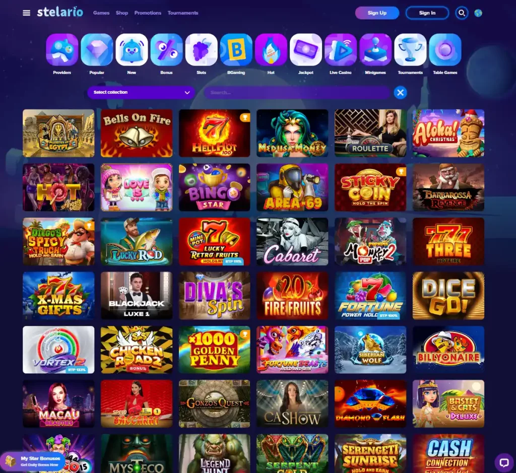 Stelario Casino desktop homepage screenshot showing main navigation, featured games and promotional banners - tested