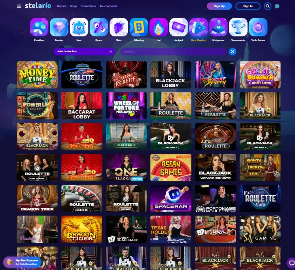 Stelario Casino desktop live dealer games collection screenshot showing roulette, blackjack and baccarat tables in lobby view with categories and provider filters - tested
