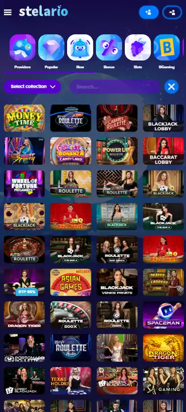 Stelario Casino mobile live dealer games collection screenshot displaying available live tables and categories with mobile-friendly interface/navigation - tested