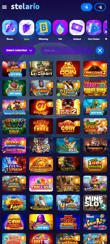 Stelario Casino mobile slot screenshot displaying featured slots, categories and touch-optimized navigation - tested
