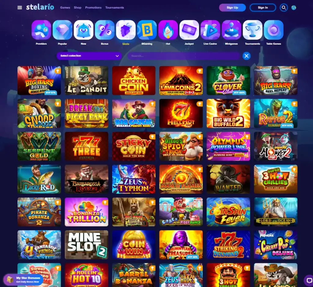 Stelario Casino desktop slots screenshot showing multiple slot categories, featured games and provider filters - tested