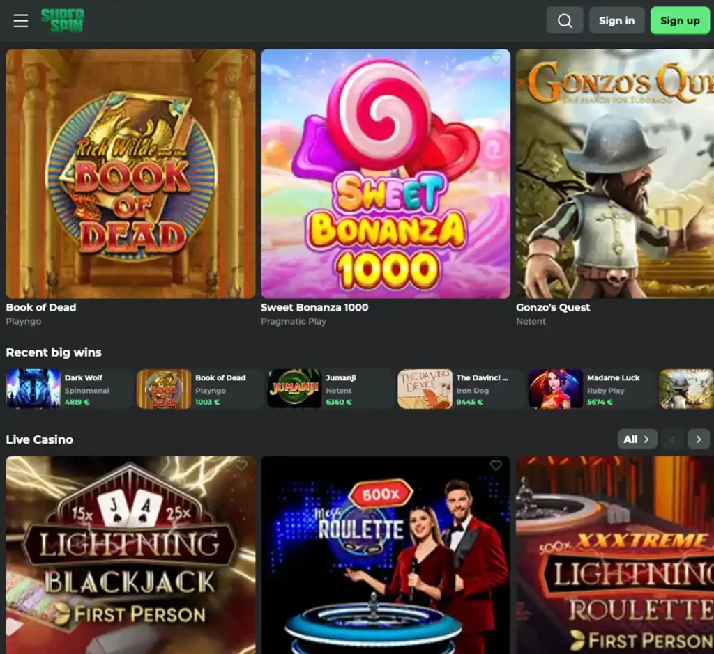 Super Spin Casino desktop homepage screenshot displaying main navigation, featured games and promotional banners - tested Super Spin Casino desktop homepage screenshot displaying main navigation, featured games and promotional banners - tested