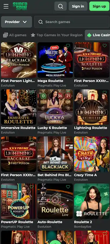 Super Spin Casino mobile live casino games collection screenshot displaying available live tables, dealers and categories - tested Super Spin Casino mobile live casino games collection screenshot displaying available live tables, dealers and categories - tested