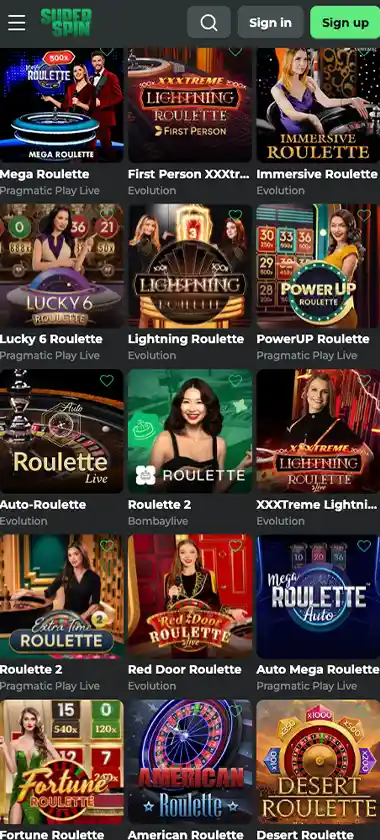 Super Spin Casino mobile roulette games collection screenshot displaying roulette tables, betting interface and touch controls - tested Super Spin Casino mobile roulette games collection screenshot displaying roulette tables, betting interface and touch controls - tested