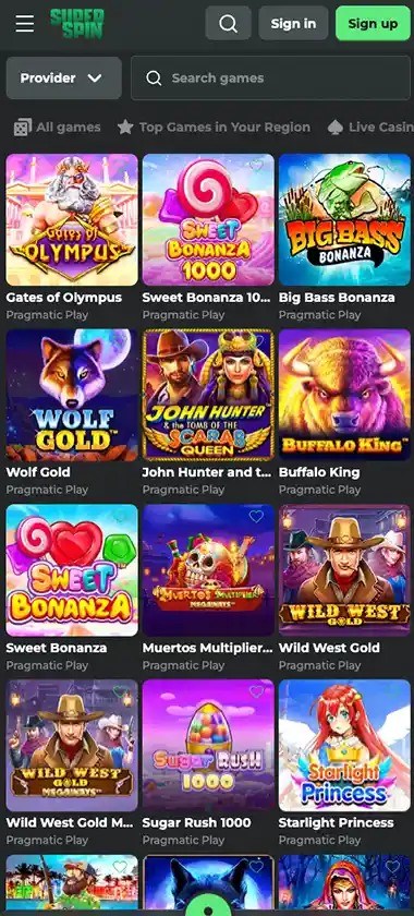 Super Spin Casino mobile slots variety screenshot displaying featured slots, categories and touch-optimized navigation - tested Super Spin Casino mobile slots variety screenshot displaying featured slots, categories and touch-optimized navigation - tested