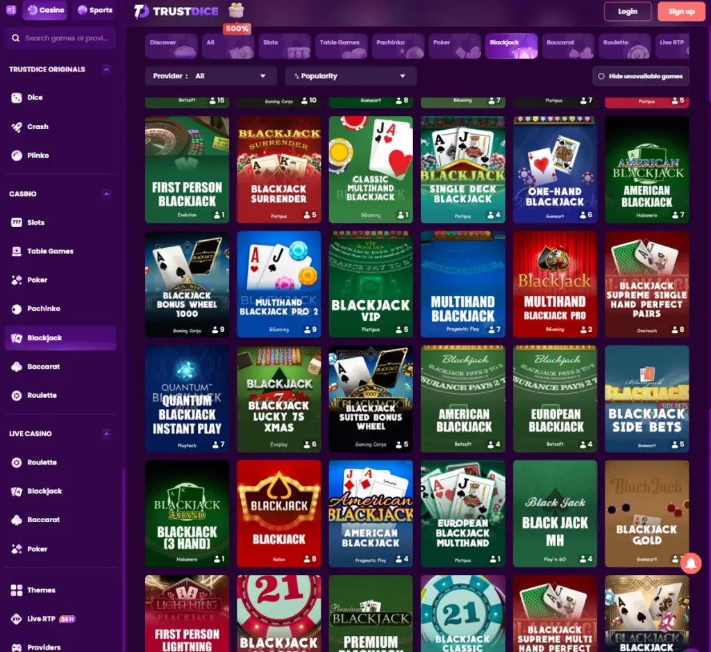 TrustDice Casino desktop blackjack screenshot showing blackjack tables, game variations and betting options - tested