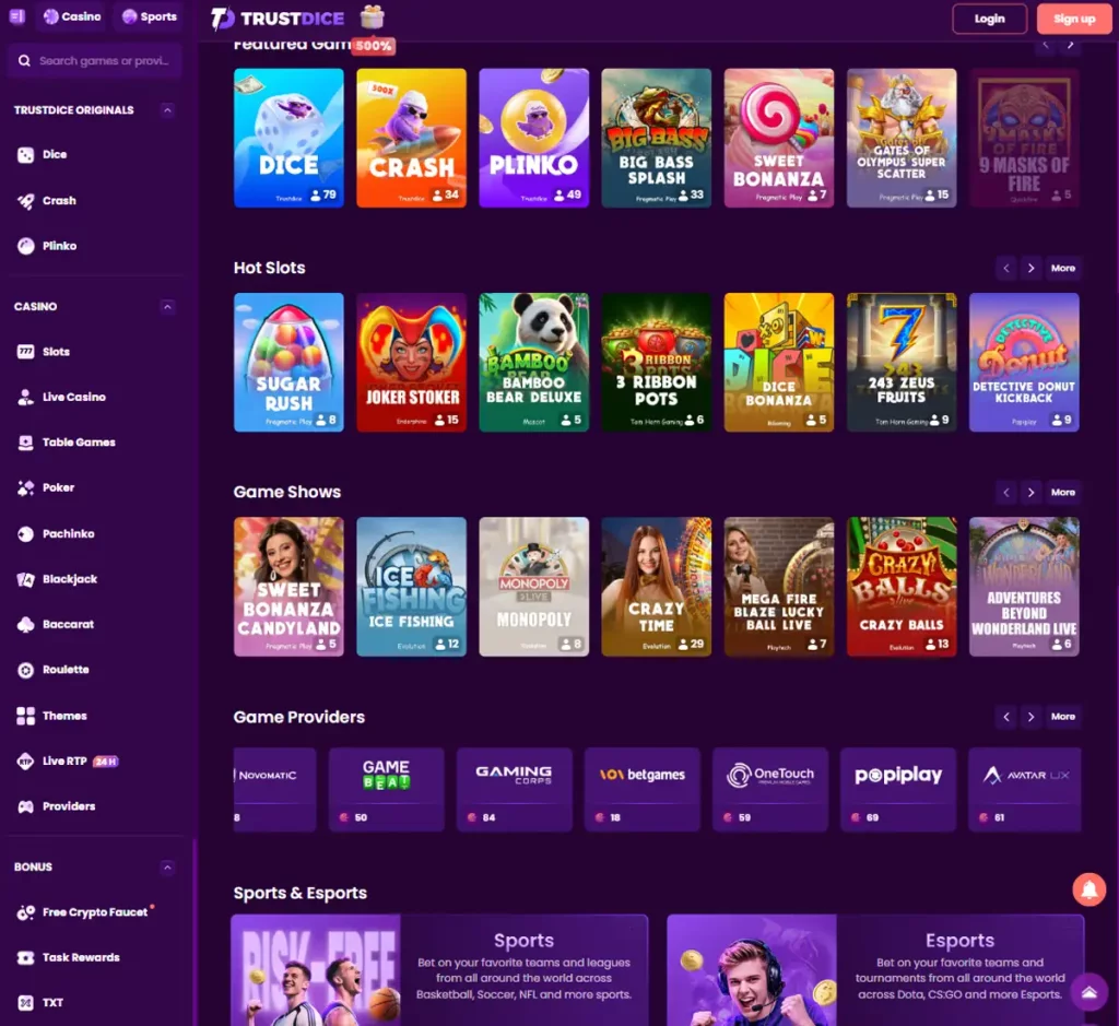 TrustDice Casino desktop home page screenshot showing main navigation, featured games and promotional banners - tested