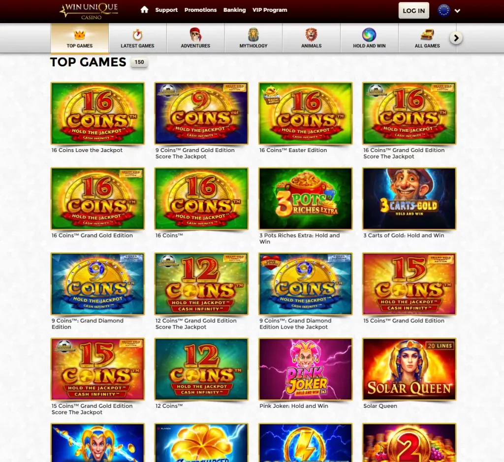 Unique Casino desktop home page screenshot showing main navigation, featured games and promotional banners - tested