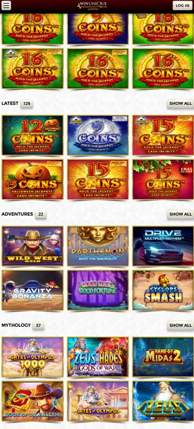Unique Casino mobile home page screenshot displaying main navigation, featured games and mobile-friendly interface - tested