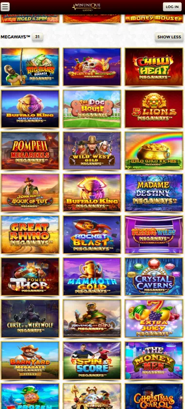 Unique Casino mobile megaways slots screenshot displaying megaways games and mobile-friendly navigation - tested