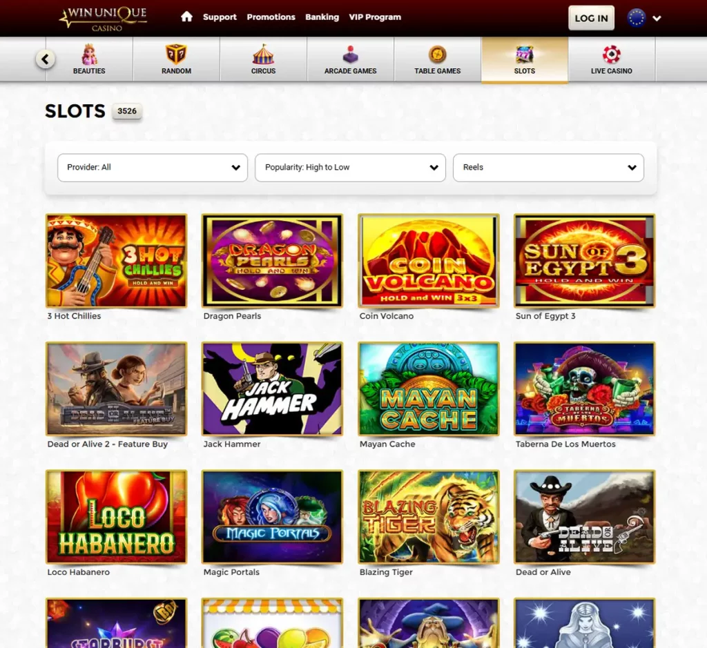 Unique Casino desktop slots variety screenshot showing multiple slot categories, featured games and provider filters - tested