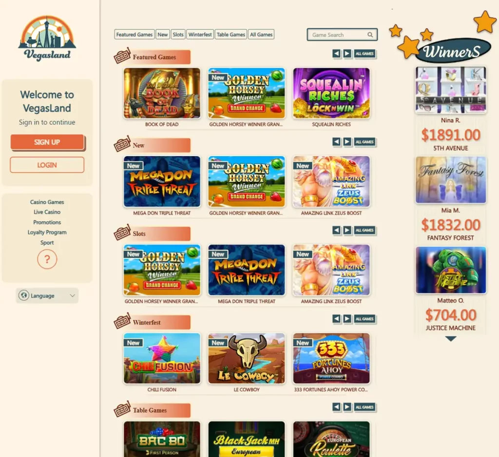 VegasLand Casino desktop home page screenshot showing main navigation, featured games and promotional banners - tested VegasLand Casino desktop home page screenshot showing main navigation, featured games and promotional banners - tested